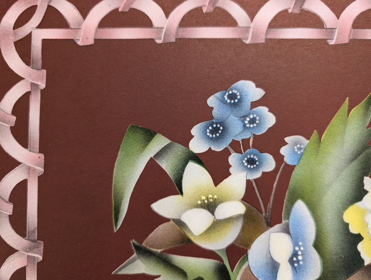Beautytone Bouquet with Border in Dubonnet by Terone | 1943 Vintage Lithograph | Romantic Cottagecore Wall Art