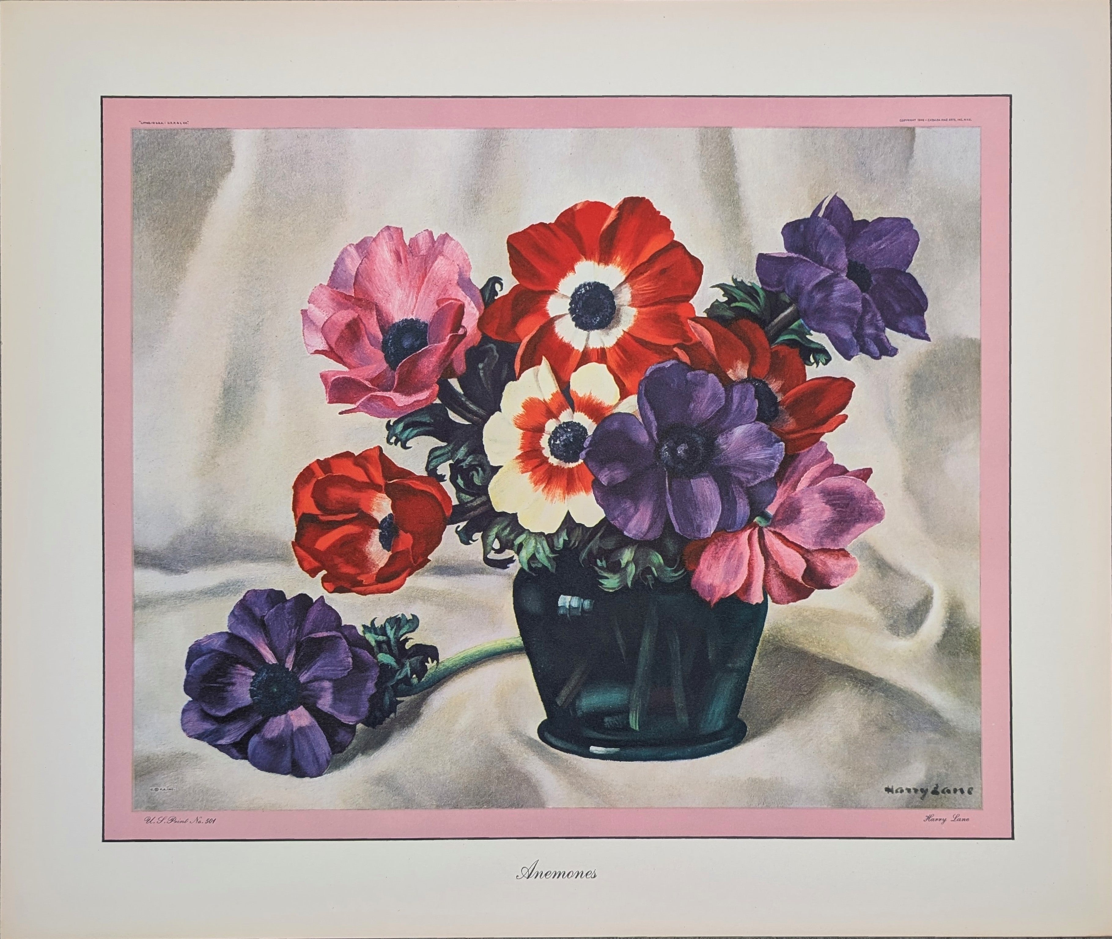 Anemones by Harry Lane | 1945 Vintage Lithograph | Still Life Floral Wall Art