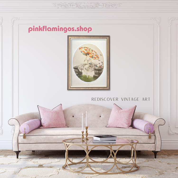 Parasol by Louis Icart | 1920s Art Deco Print | Offset Lithograph | Romantic French Interior Style