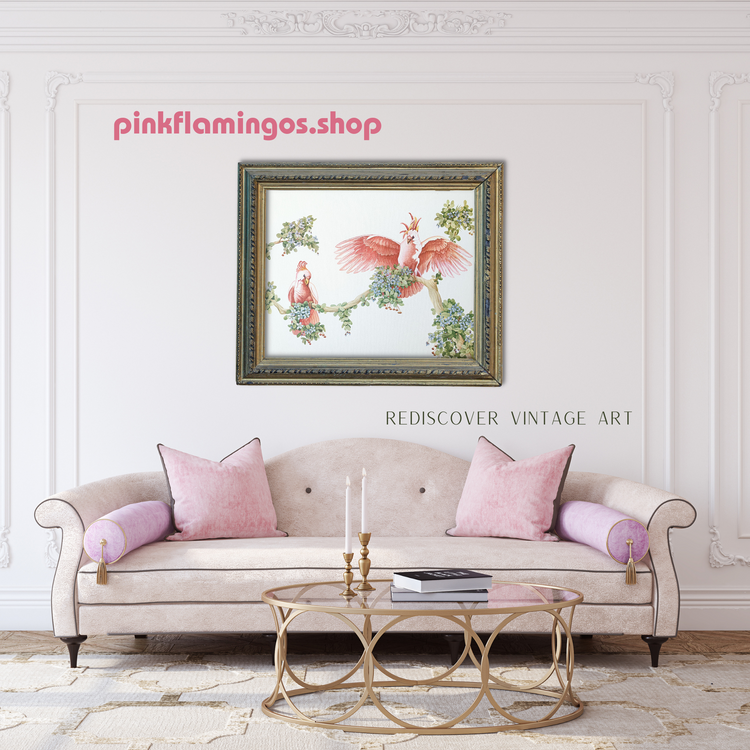 Pink Cockatoos by Turner | 1940s Mid-Century Bird Wall Art | Offset Lithograph | Vintage Tropical Print