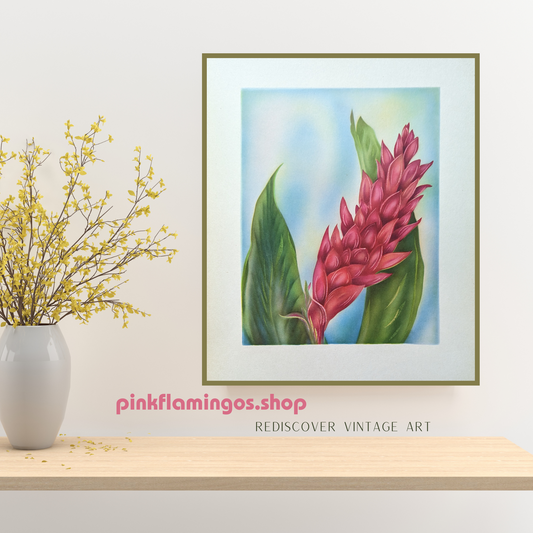 Red Ginger | 1950s Hawaiian Floral Lithograph | Vintage Tropical Wall Art