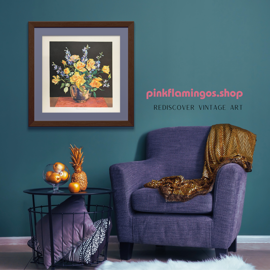 Roses and Larkspur by Mary and Nelson Grofe | 1940s Vintage Lithograph | Still Life Floral Wall Art