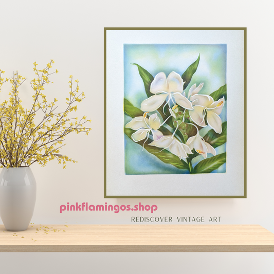 White Ginger | 1950s Hawaiian Floral Lithograph | Vintage Tropical Wall Art