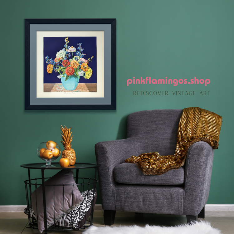 Zinnias and Larkspur by Mary and Nelson Grofe | 1940s Vintage Lithograph | Still Life Floral Wall Art