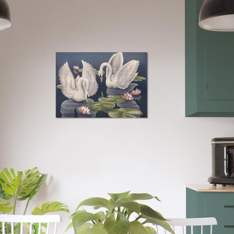 Turner Swans and Lillies Brushed Aluminum Print | Vintage Bird Lithograph Metal Art
