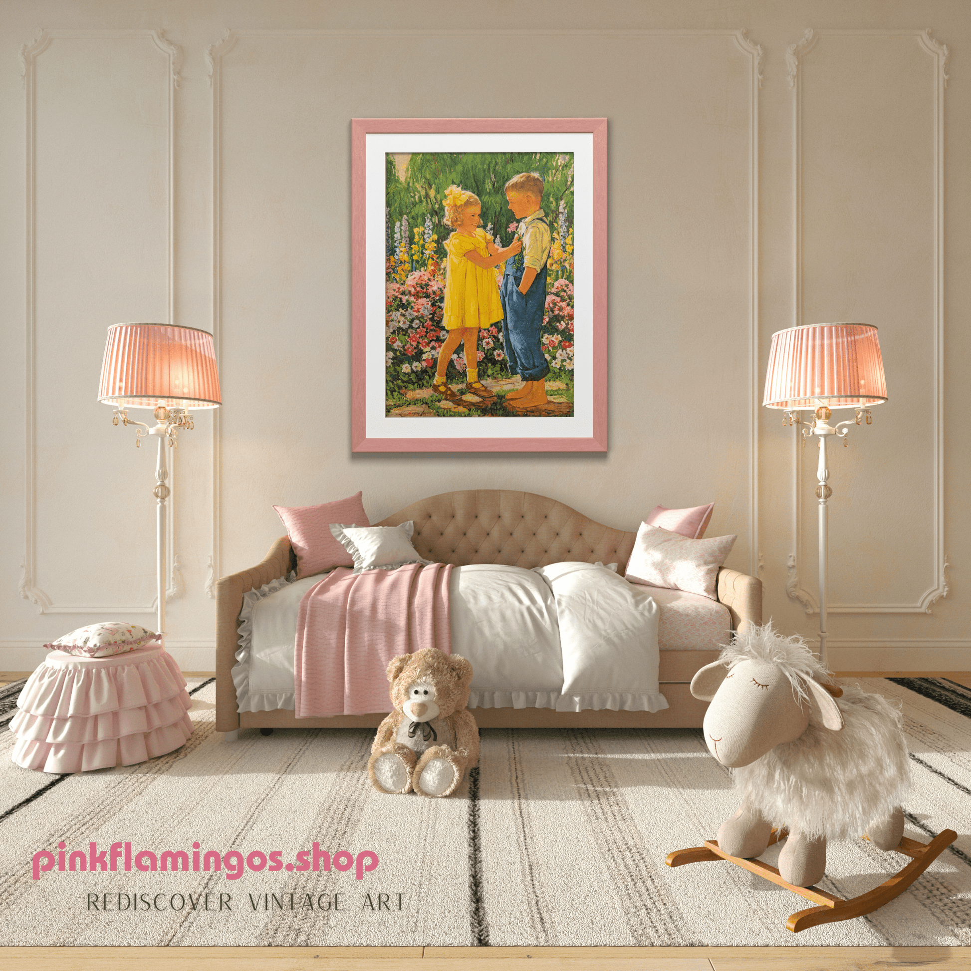 Admiration by Eugene Iverd | 1936 Vintage Lithograph | Sweet Sibling Nursery Wall Art - Offset Lithograph - Pink Flamingos