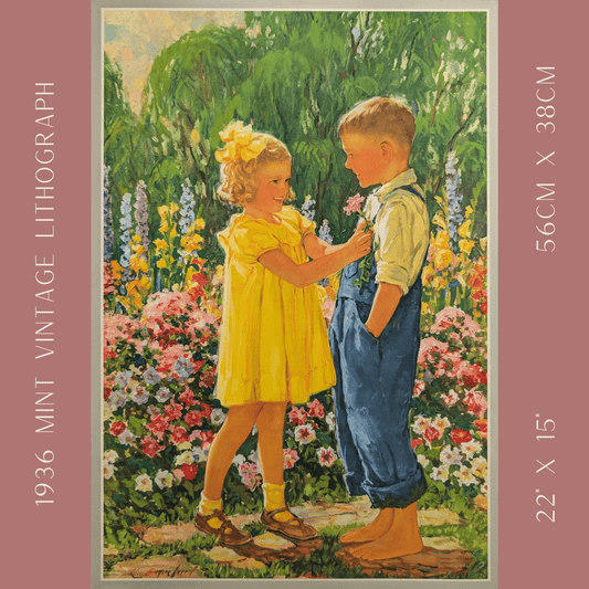 Admiration by Eugene Iverd | 1936 Vintage Lithograph | Sweet Sibling Nursery Wall Art - Offset Lithograph - Pink Flamingos