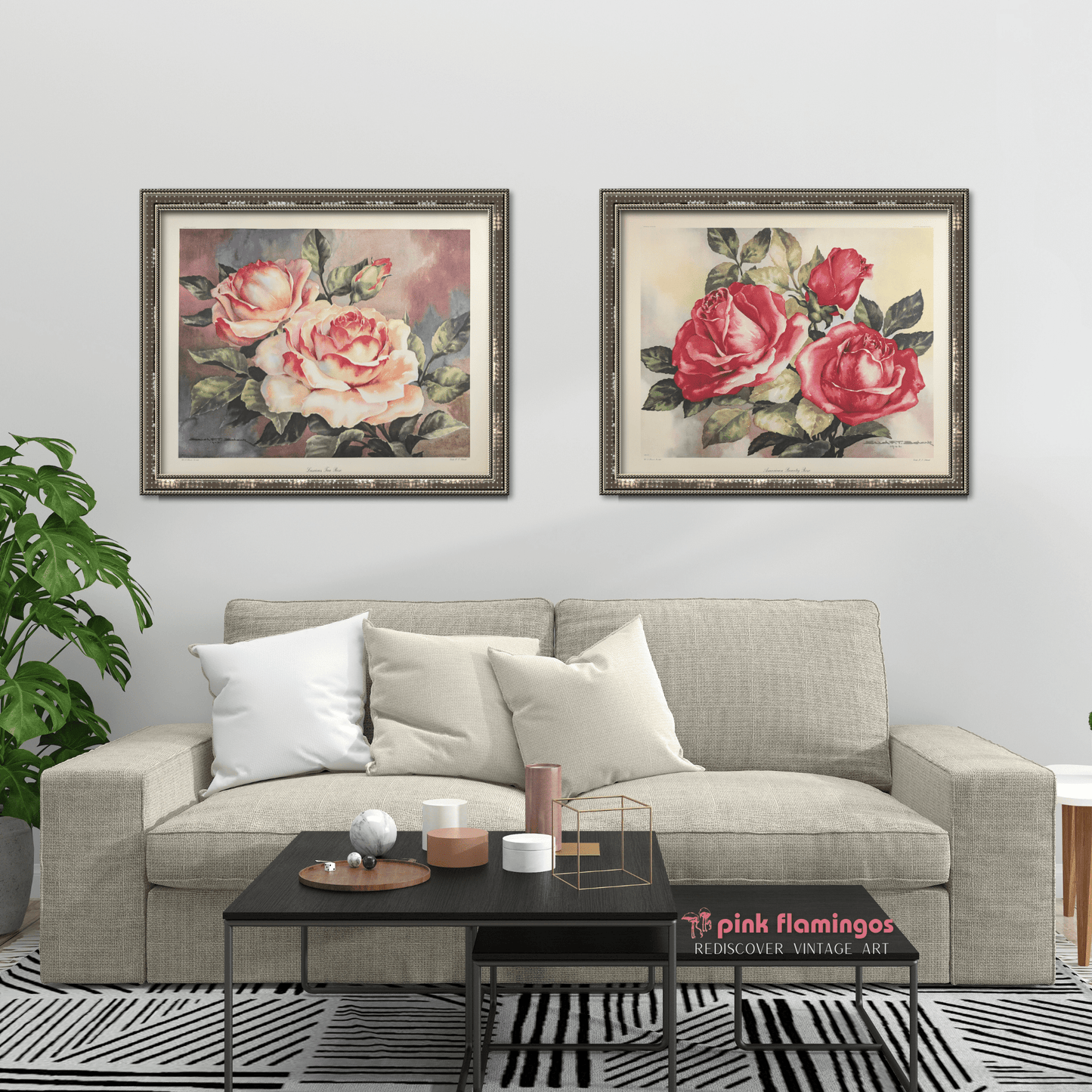 American Beauty Rose by Erich F.T. Schenk | 1940s Vintage Floral Lithograph | Romantic Wall Art - Offset Lithograph - Pink Flamingos