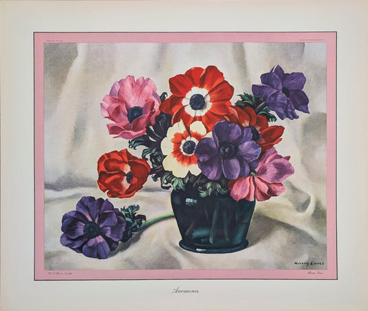 Anemones by Harry Lane | 1945 Vintage Lithograph | Still Life Floral Wall Art - Offset Lithograph - Pink Flamingos