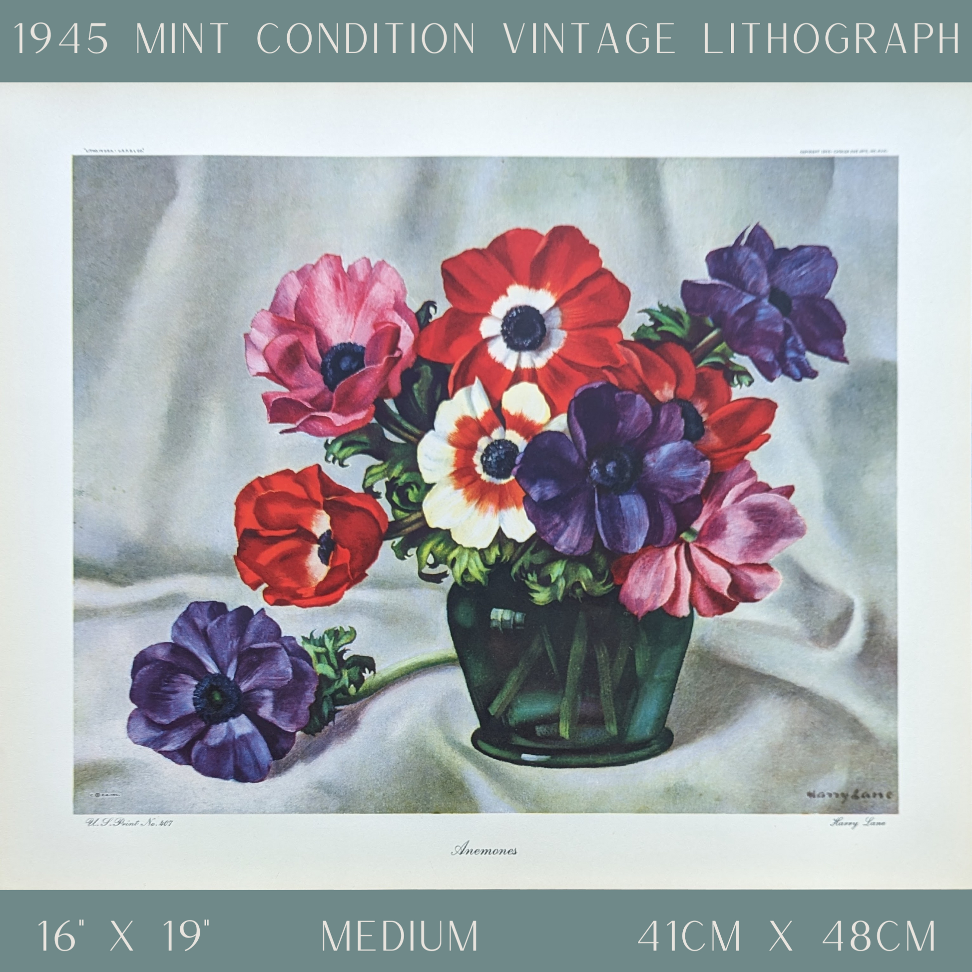 Anemones by Harry Lane | 1945 Vintage Lithograph | Still Life Floral Wall Art - Offset Lithograph - Pink Flamingos