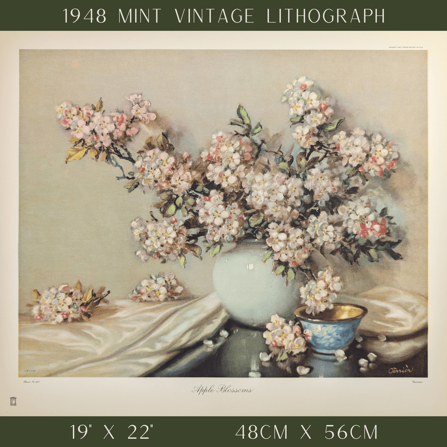 Apple Blossoms by J. Carrier | 1940s Vintage Floral Lithograph | Romantic Botanical Wall Art - Offset Lithograph - Pink Flamingos