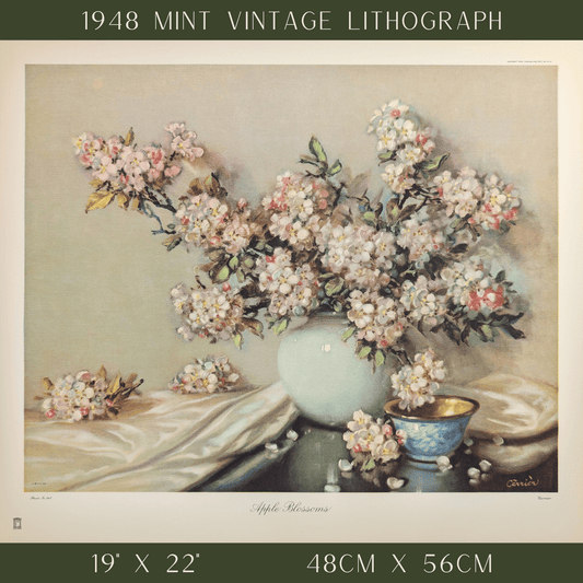 Apple Blossoms by J. Carrier | 1940s Vintage Floral Lithograph | Romantic Botanical Wall Art - Offset Lithograph - Pink Flamingos