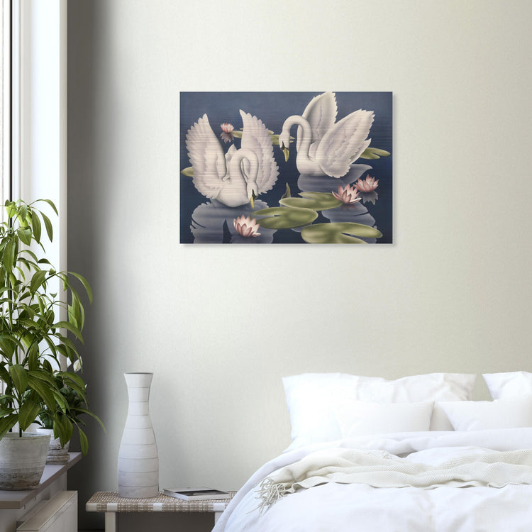 Turner Swans and Lillies Brushed Aluminum Print | Vintage Bird Lithograph Metal Art