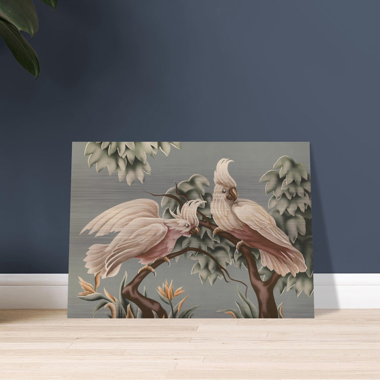 Turner White Cockatoos Brushed Aluminum Print | Vintage Tropical Bird Lithograph Metal Art