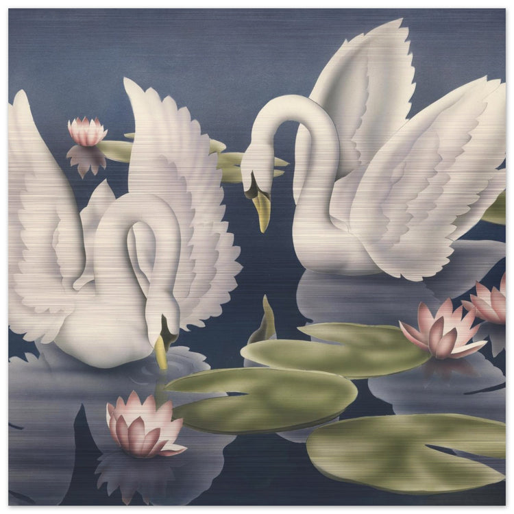 Turner Swans and Lillies Brushed Aluminum Print | Vintage Bird Lithograph Metal Art