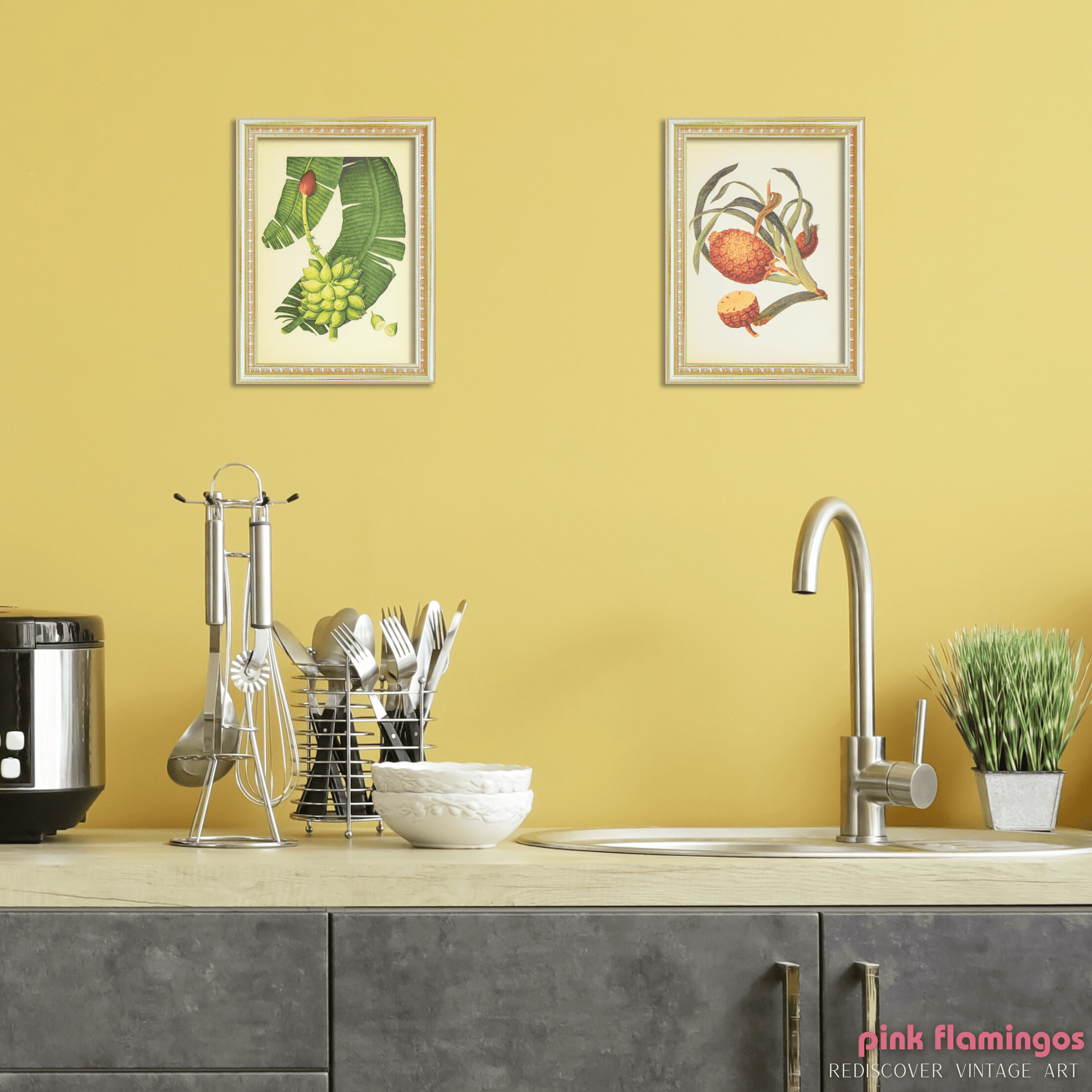 Banana (Plantain) | Unique Vintage Collotype Wall Art c.1950 | Chinese Still Life Print - Collotype - Pink Flamingos