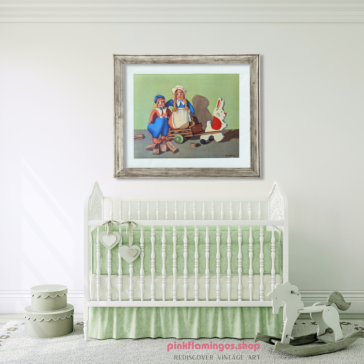 Bunny Taxi Service by Reneé Barnes | 1930s Vintage Lithograph | Whimsical Nursery Wall Art