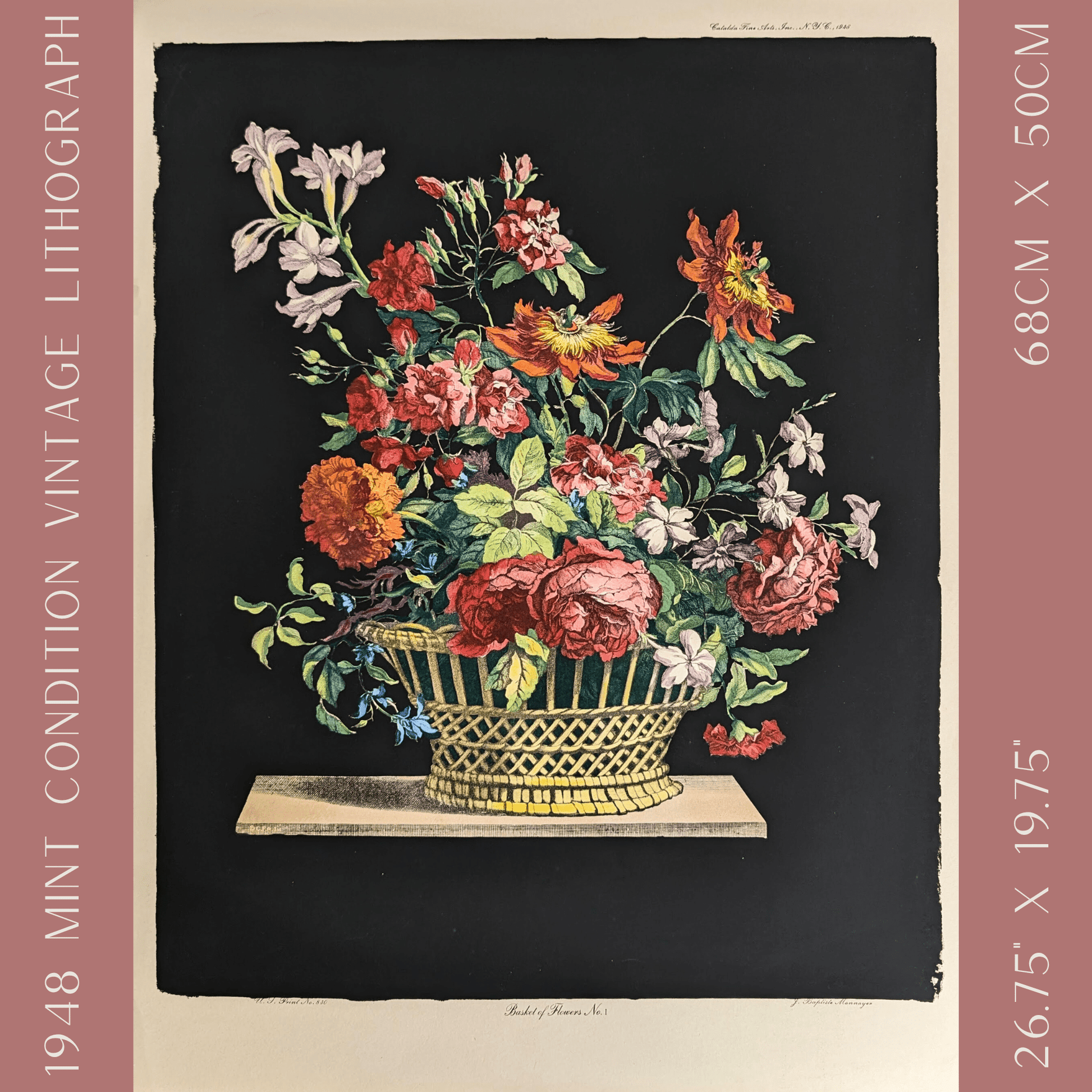 Basket of Flowers No. 1 | Jean - Baptiste Monnoyer Floral Chromolithograph | 1948 Vintage Print by Catalda Fine Arts - Chromolithograph - Pink Flamingos