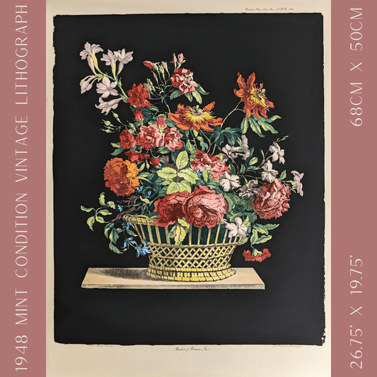 Basket of Flowers No. 1 | Jean - Baptiste Monnoyer Floral Chromolithograph | 1948 Vintage Print by Catalda Fine Arts - Chromolithograph - Pink Flamingos