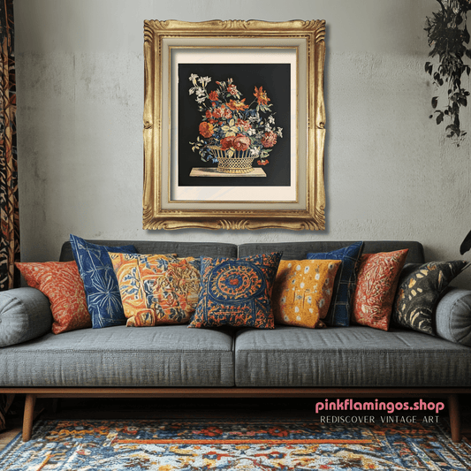 Basket of Flowers No. 1 | Jean - Baptiste Monnoyer Floral Chromolithograph | 1948 Vintage Print by Catalda Fine Arts - Chromolithograph - Pink Flamingos