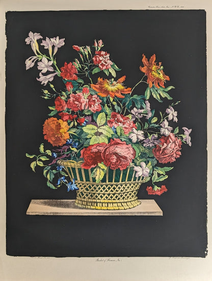 Basket of Flowers No. 1 | Jean - Baptiste Monnoyer Floral Chromolithograph | 1948 Vintage Print by Catalda Fine Arts - Chromolithograph - Pink Flamingos