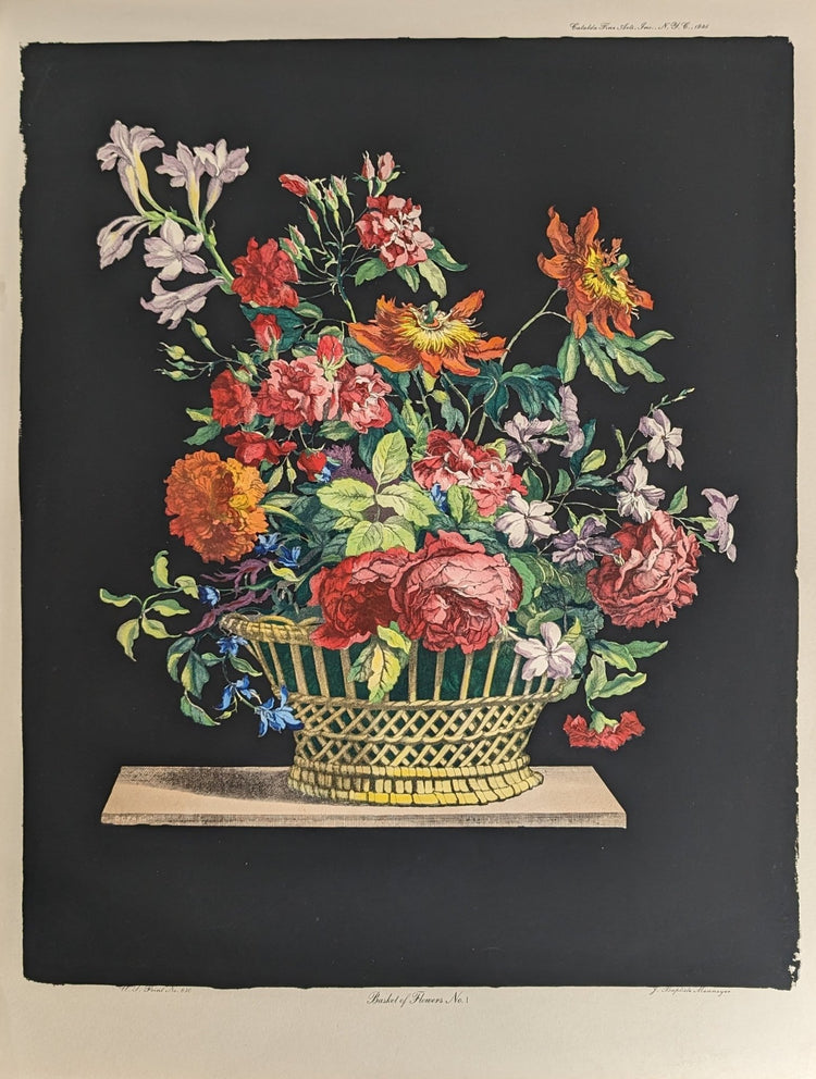 Basket of Flowers No. 1 | Jean - Baptiste Monnoyer Floral Chromolithograph | 1948 Vintage Print by Catalda Fine Arts - Chromolithograph - Pink Flamingos
