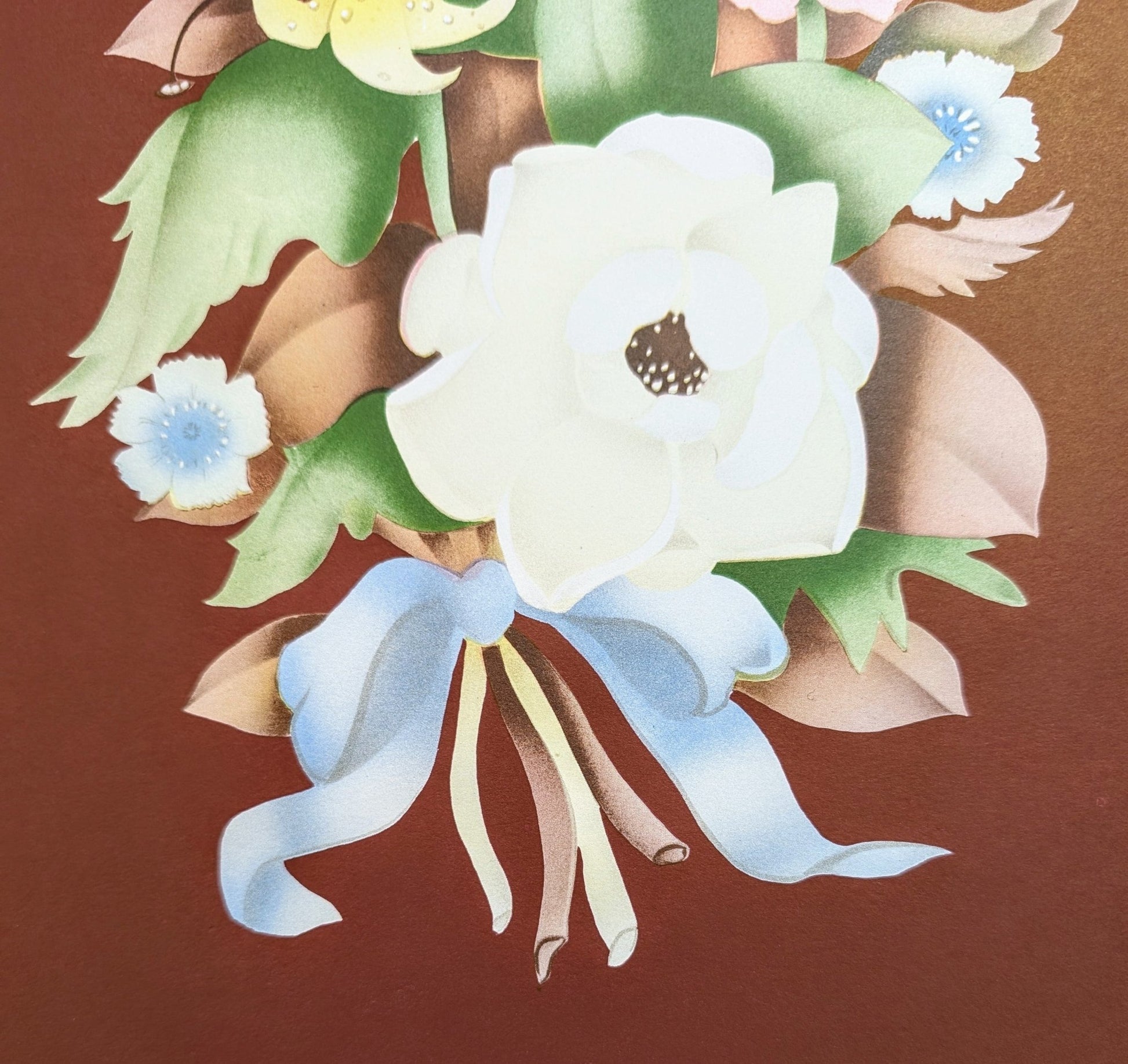 Beautytone Bouquet in Dubonnet by Terone, 1943 mint condition lithograph by Borin Art - Pink Flamingos
