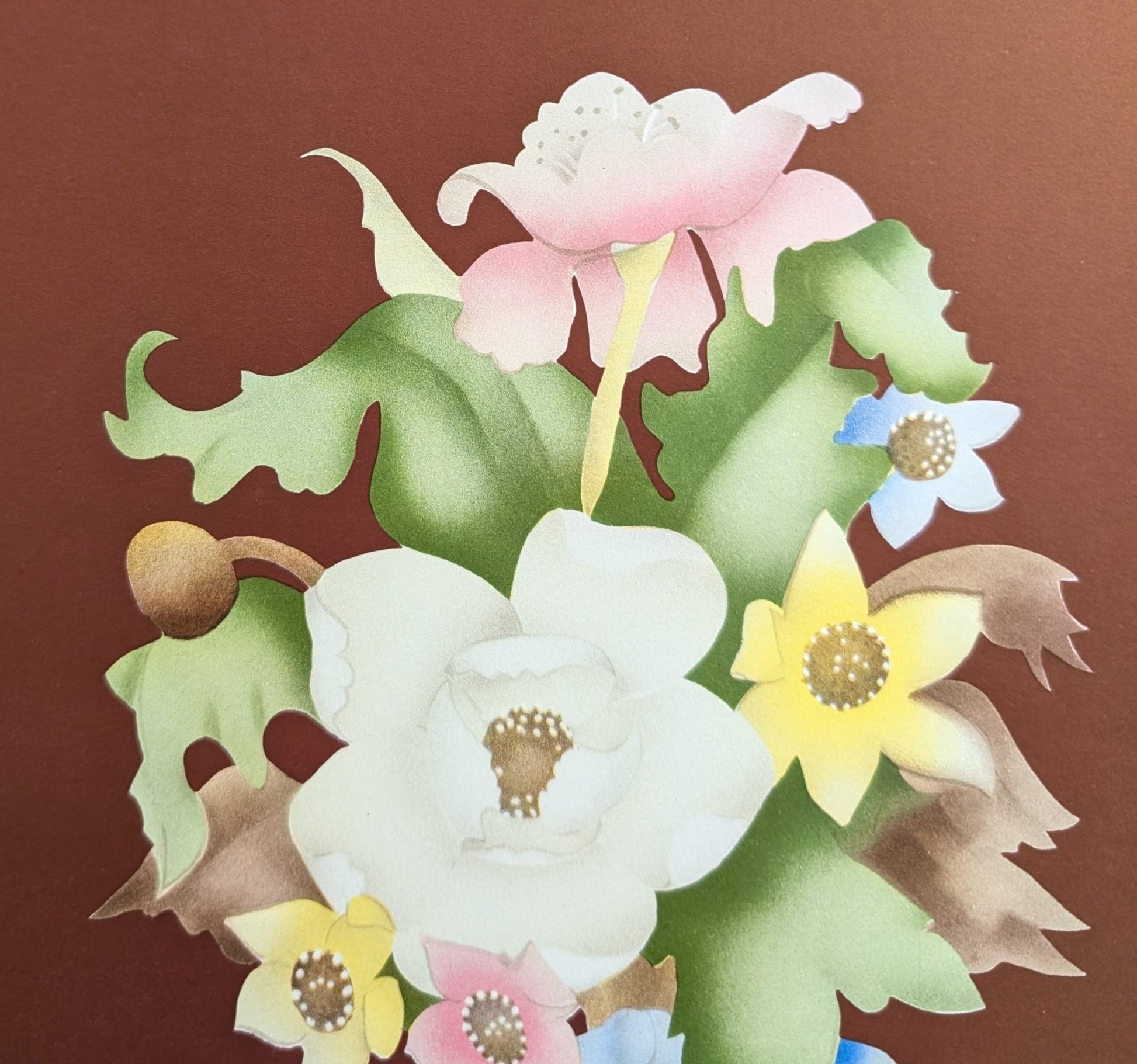 Beautytone Bouquet in Dubonnet by Terone, 1943 mint condition lithograph by Borin Art - Pink Flamingos