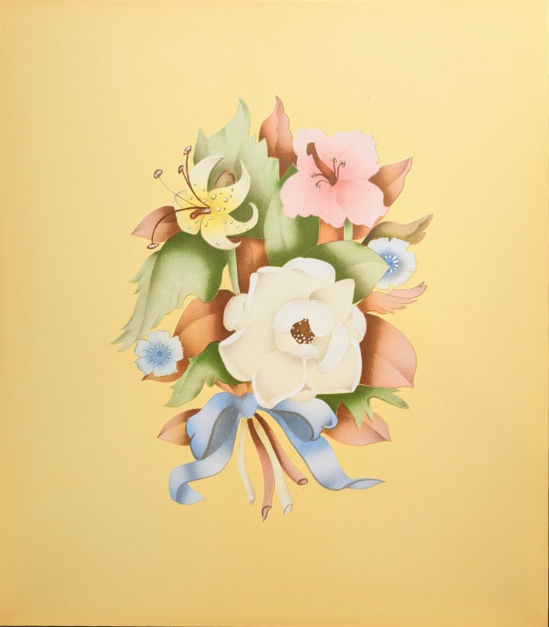 Beautytone Bouquet in Yellow by Terone, 1943 mint condition vintage lithograph by Borin Art - Pink Flamingos