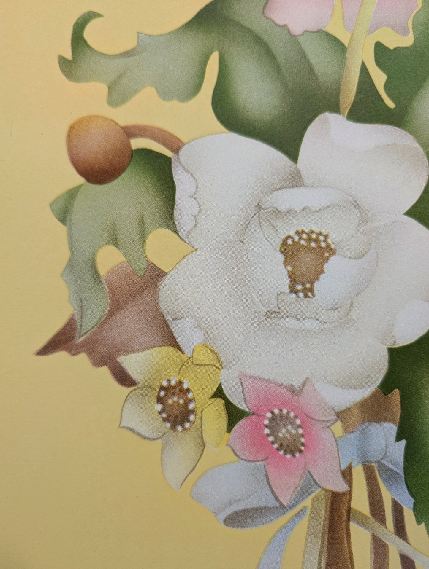Beautytone Bouquet in Yellow by Terone, 1943 mint condition vintage lithograph by Borin Art - Pink Flamingos