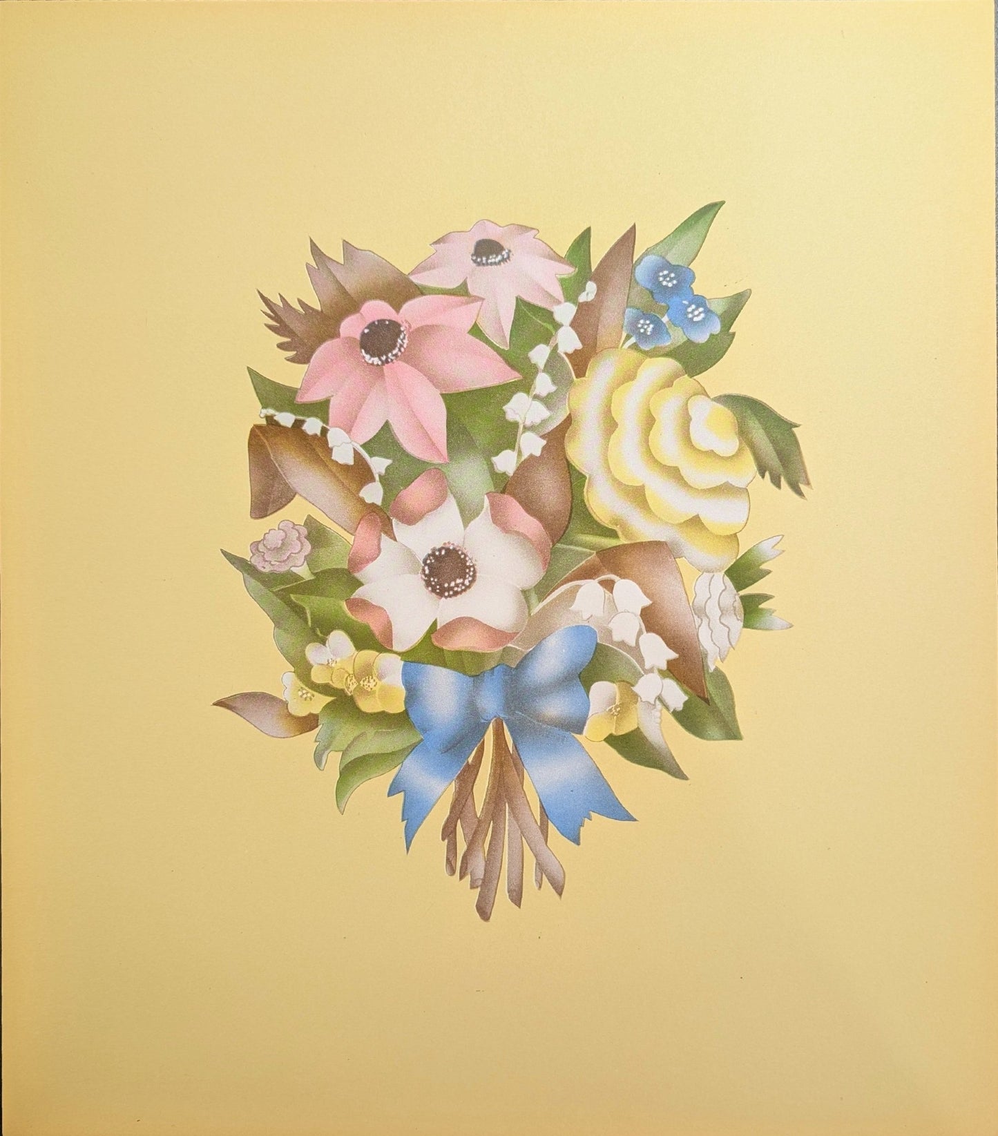 Beautytone Bouquet in Yellow by Terone, 1943 mint condition vintage lithograph by Borin Art - Pink Flamingos
