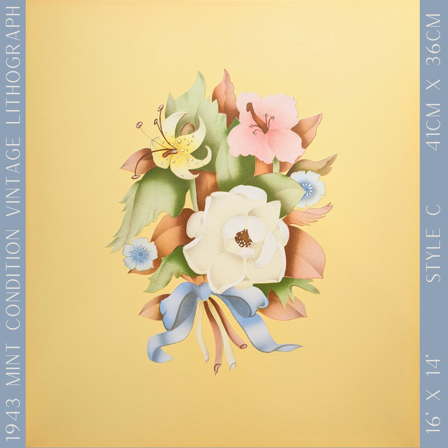 Beautytone Bouquet in Yellow by Terone, 1943 mint condition vintage lithograph by Borin Art - Pink Flamingos