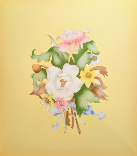 Beautytone Bouquet in Yellow by Terone, 1943 mint condition vintage lithograph by Borin Art - Pink Flamingos