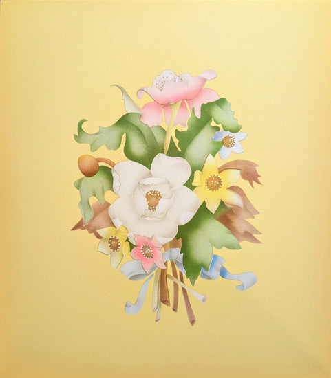 Beautytone Bouquet in Yellow by Terone, 1943 mint condition vintage lithograph by Borin Art - Pink Flamingos