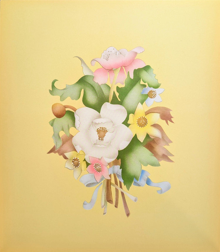 Beautytone Bouquet in Yellow by Terone, 1943 mint condition vintage lithograph by Borin Art - Pink Flamingos