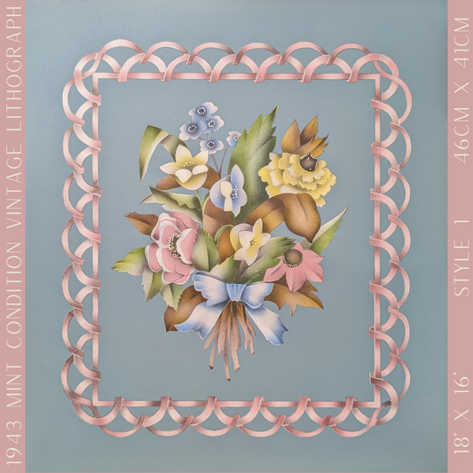 Beautytone Bouquet with Border in Blue by Terone, 1943 mint condition vintage lithograph from Borin Art - Pink Flamingos