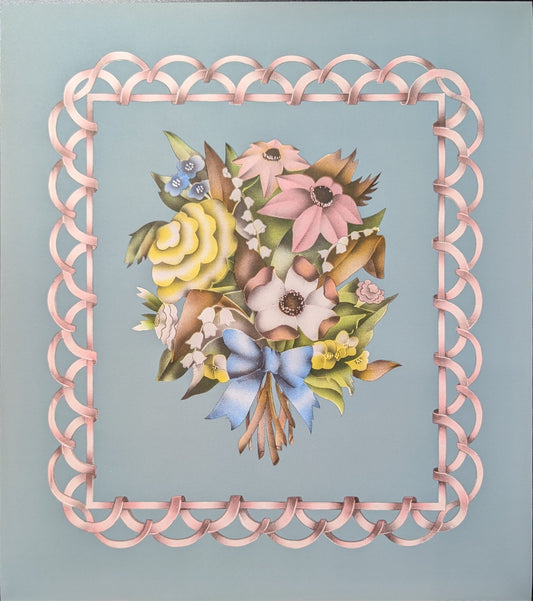 Beautytone Bouquet with Border in Blue by Terone, 1943 mint condition vintage lithograph from Borin Art - Pink Flamingos