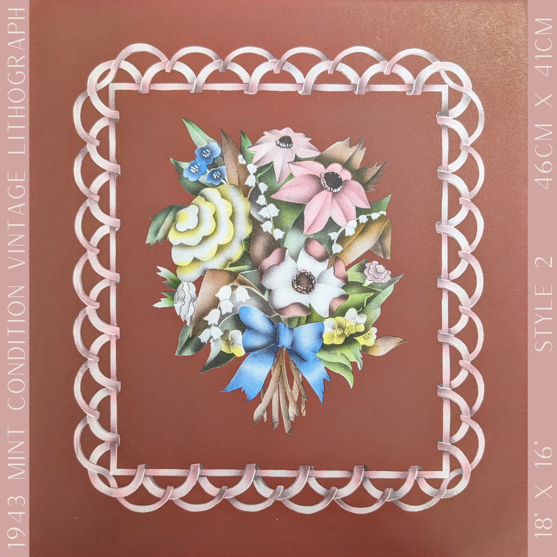 Beautytone Bouquet with Border in Dubonnet by Terone, 1943 mint condition vintage lithograph from Borin Art - Pink Flamingos