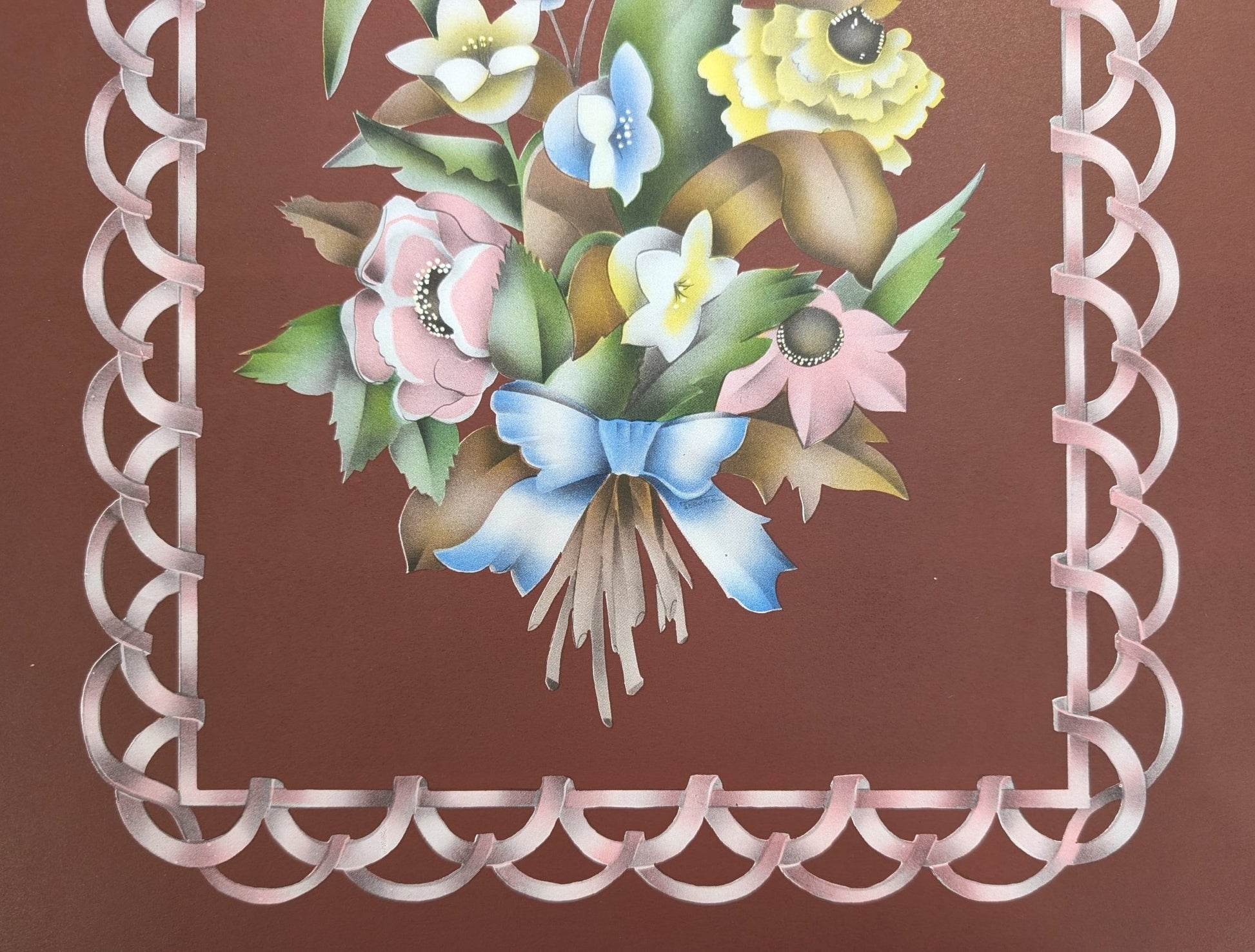Beautytone Bouquet with Border in Dubonnet by Terone, 1943 mint condition vintage lithograph from Borin Art - Pink Flamingos