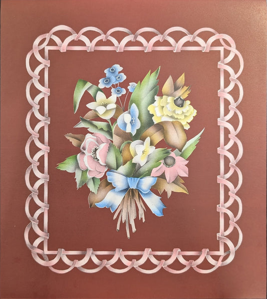 Beautytone Bouquet with Border in Dubonnet by Terone, 1943 mint condition vintage lithograph from Borin Art - Pink Flamingos