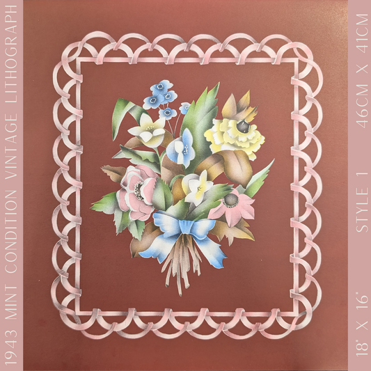 Beautytone Bouquet with Border in Dubonnet by Terone, 1943 mint condition vintage lithograph from Borin Art - Pink Flamingos