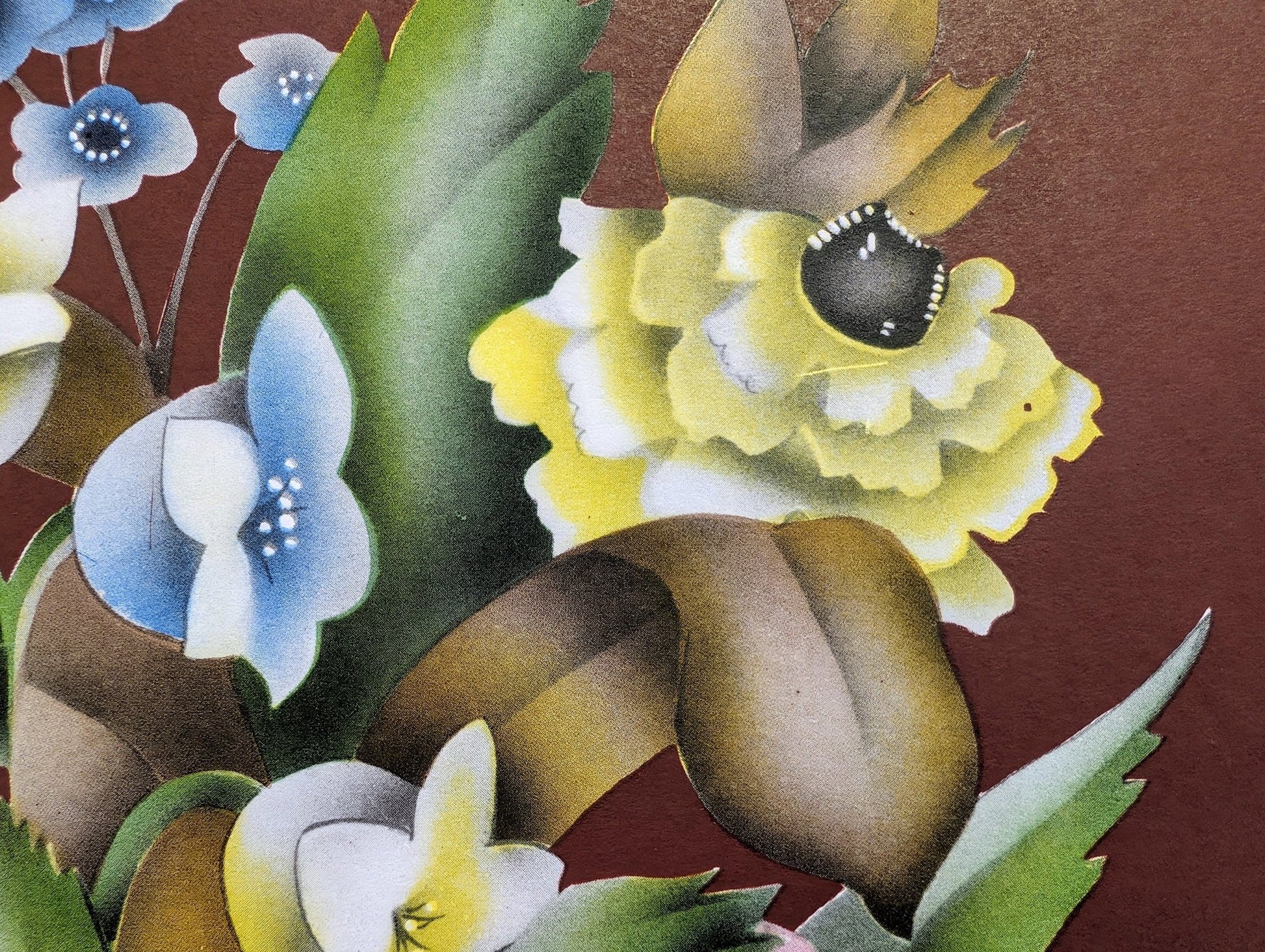 Beautytone Bouquet with Border in Dubonnet by Terone, 1943 mint condition vintage lithograph from Borin Art - Pink Flamingos