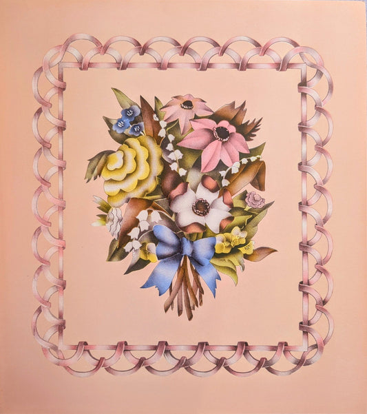 Beautytone Bouquet with Border in Peach by Terone, 1943 mint condition vintage lithograph from Borin Art - Offset Lithograph - Pink Flamingos