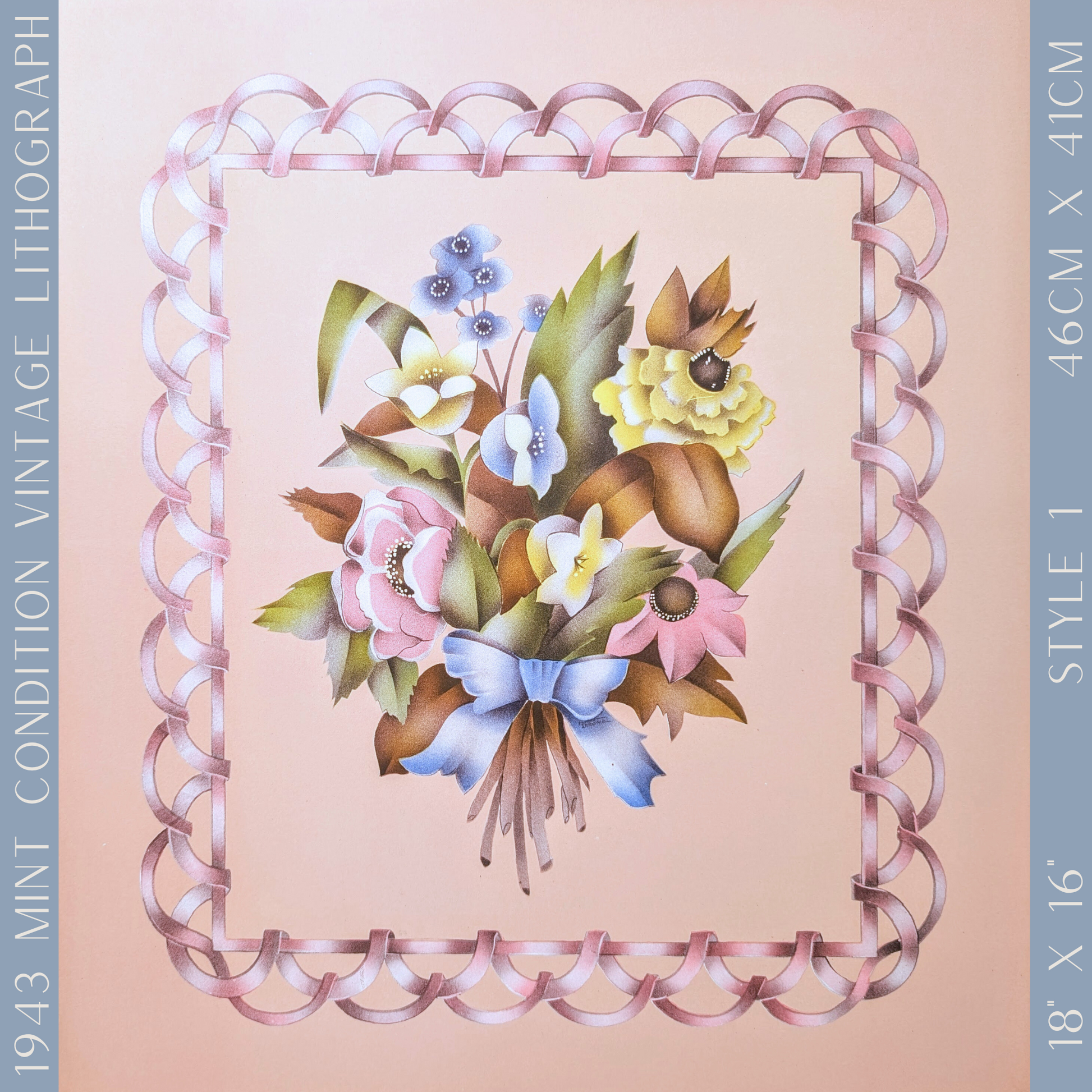 Beautytone Bouquet with Border in Peach by Terone, 1943 mint condition vintage lithograph from Borin Art - Offset Lithograph - Pink Flamingos