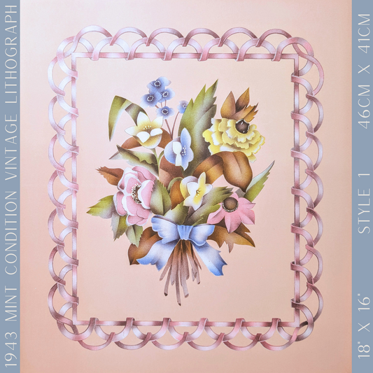 Beautytone Bouquet with Border in Peach by Terone, 1943 mint condition vintage lithograph from Borin Art - Offset Lithograph - Pink Flamingos