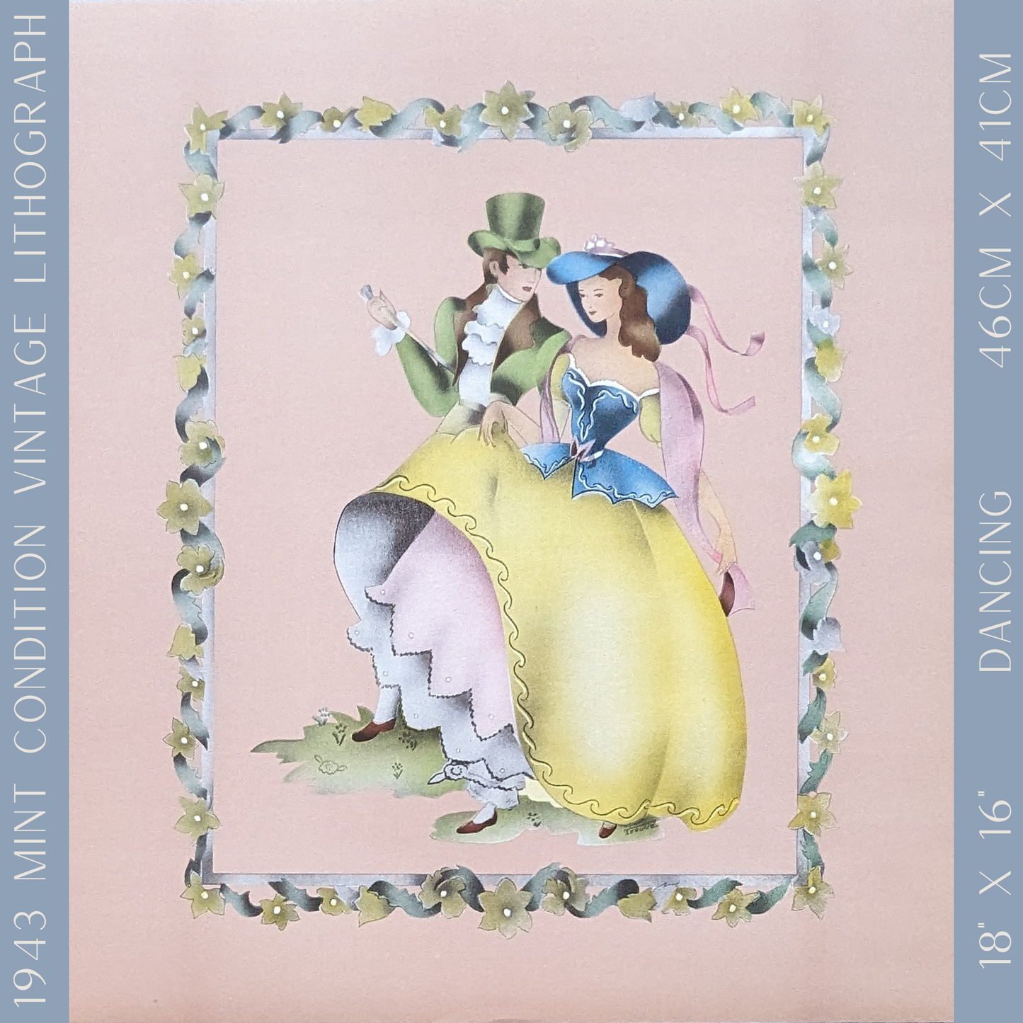 Beautytone Couples Dancing by Terone, 1943 mint condition vintage lithograph from Borin Art - Pink Flamingos