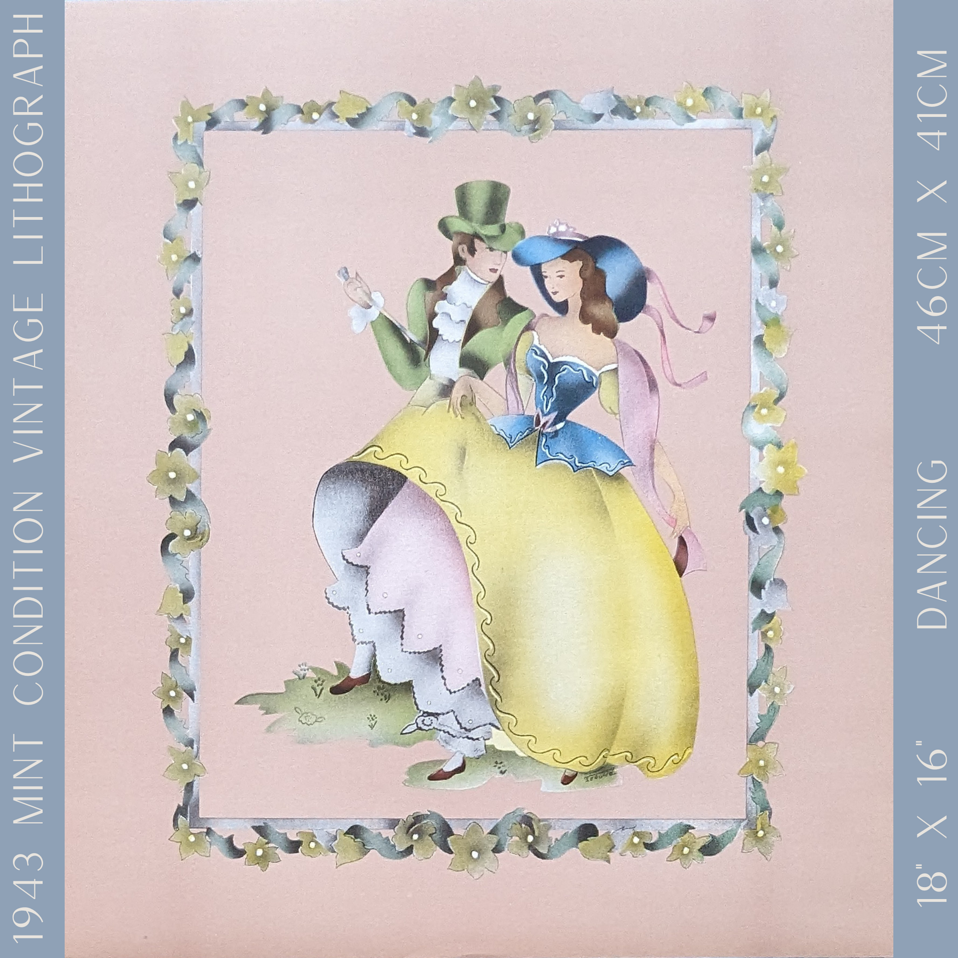 Beautytone Couples Dancing by Terone, 1943 mint condition vintage lithograph from Borin Art - Pink Flamingos