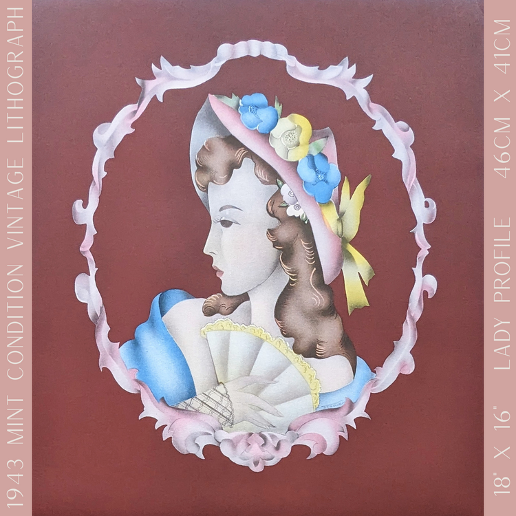 Beautytone Lady Profile by Terone, 1943 mint condition vintage lithograph from Borin Art - Pink Flamingos