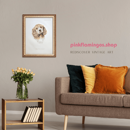 Blond Cocker Spaniel by Rolf Anderson | Vintage 1940s Hand - Colored Engraving | Dog Breed Wall Art - Hand Colored Engraving - Pink Flamingos