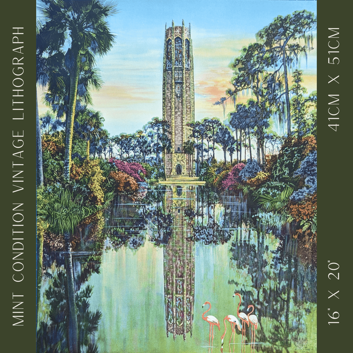 Bok Tower original mint condition vintage lithograph from hand colored photo of the famous Florida landmark by J.P. Ristig - Pink Flamingos